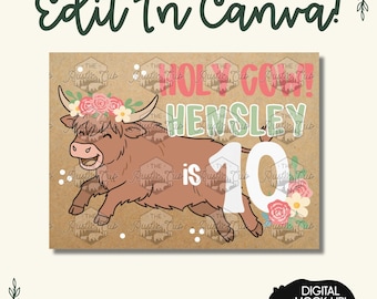 Highland Cow Birthday Banner | Editable Floral Name & Age (Digital Download)