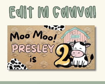 Moo Moo Birthday Banner | Pink Barn Cow Print 2nd (Digital Download)