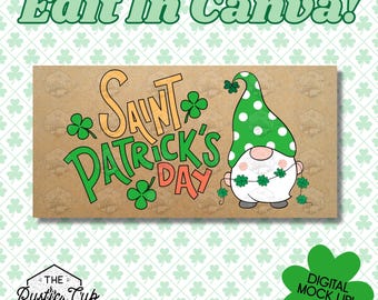 30x60 St. Patrick’s Day Banner | Cute Gnome | Shamrock | Editable Canva Template | Digital Download | Customizable Mockup