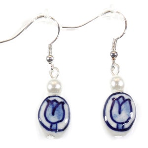 Blue Delft, Hand Painted Porcelain Delftware Earrings with White Preciosa Pearl