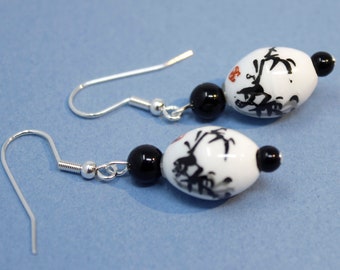 Sumi-e Artist, White Porcelain Earrings with Asian Calligraphy