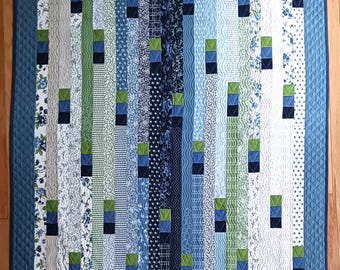 Nantucket, Handmade Quilt in Blues and Greens, Twin Size, 52 x 80