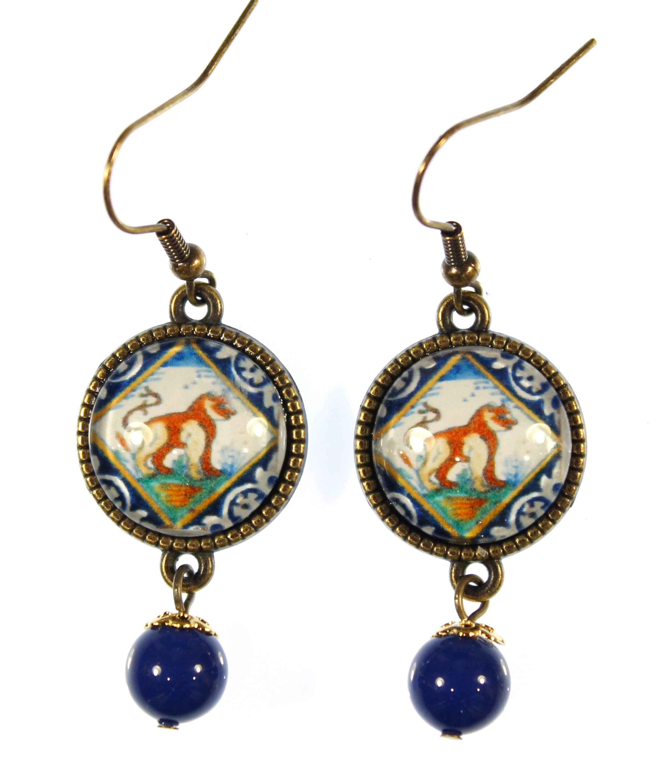 Dutch Tile Motifs, Blue Delft Scenes Under a Glass Cabochon, Double ...