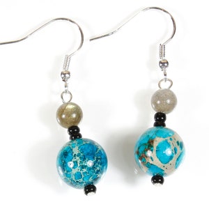 Earth and Moon, Labradorite and Magnesite (dyed) Astronomy Earrings