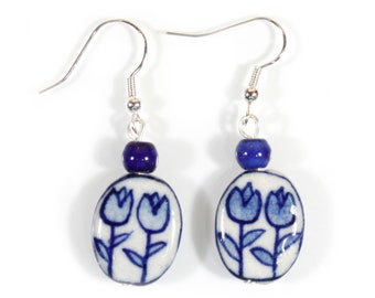 Tulip Time, Hand Painted Porcelain Delftware Earrings