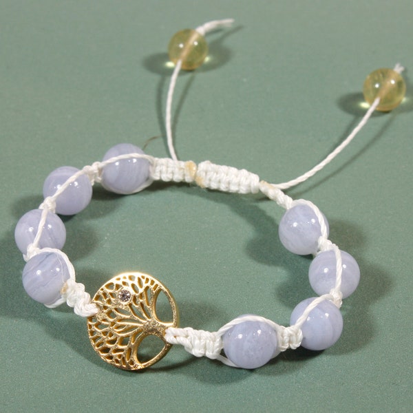 Étoile de souhait, bracelet en macramé avec arbre de vie et agate en dentelle bleue