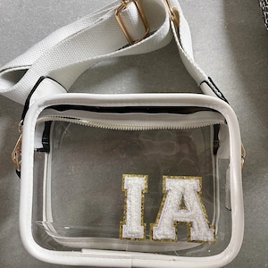 Go Hawks | white stadium bag with varsity patch • clear stadium bag  • custom clear bag • crossbody purse • Iowa bag • Hawkeyes