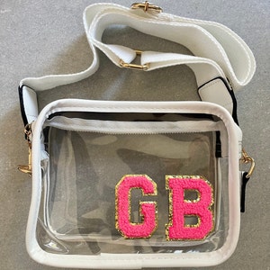 white custom clear bag with glitter patch | clear stadium bag • stadium purse • clear concert bag • crossbody • personalized patch bag