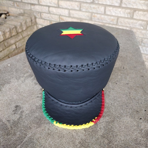 Made to Order - Handgefertigte Leder RasTafari Krone - Massives schwarzes Leder mit Davidstern RAS Cool Lineal Krone - Wählen Sie UR Größe