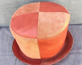 Sombrero de corona rastafari de cuero hecho a mano: gamuza naranja carmesí y cuero liso