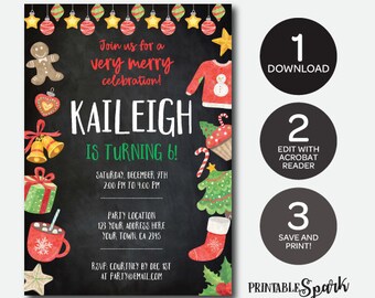 Instant Download Christmas Birthday Invitation, Holiday Party, Christmas Printable Invitation, Edit Yourself!