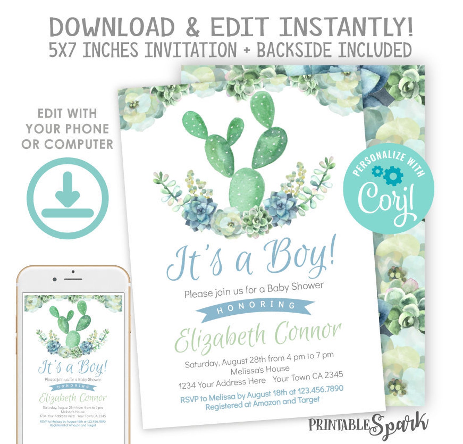Cactus Baby Shower Invitation Succulent Baby Shower Etsy