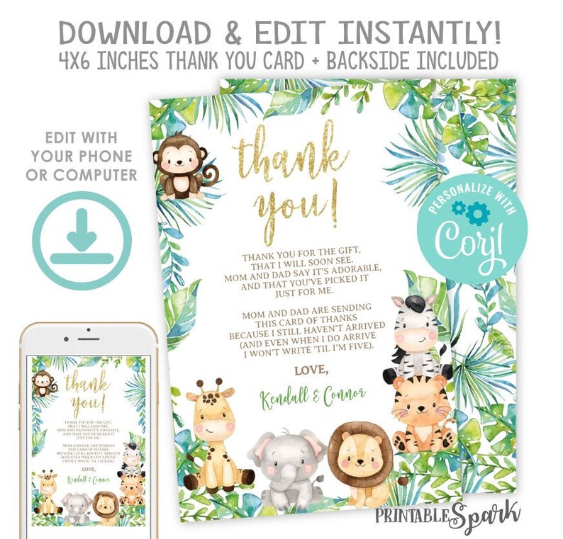 Safari Baby Shower Thank You Cards EDITABLE Baby Shower Etsy