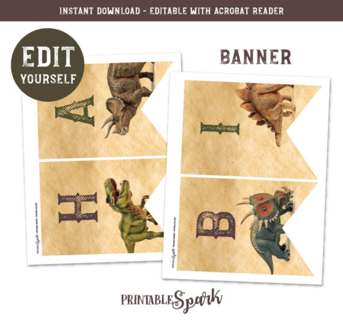Dinosaur Printable Banner INSTANT DOWNLOAD EDITABLE Dinosaur | Etsy