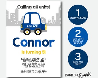 Instant Download, Police Birthday Invitation, Police Officer Birthday Party, Edit it yourself