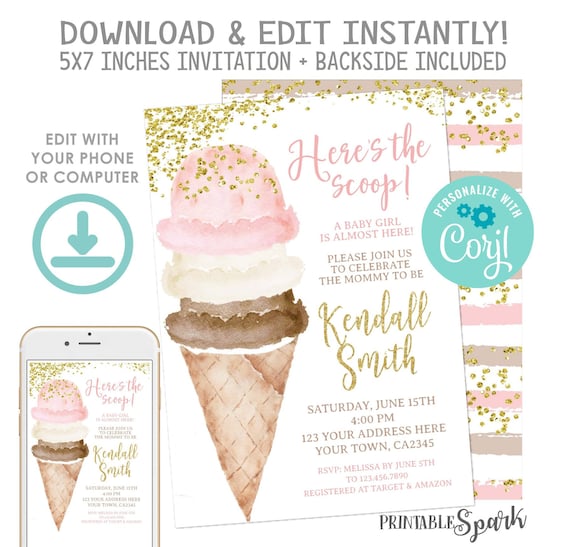Ice Cream Baby Shower BUNDLE EDITABLE Baby Sprinkle Invitation
