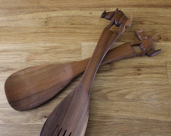 Unique Teak Salad Tongs Rhinoceros Carved Wood Salad Servers African Folk Art