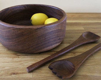 Mid Century Teak Salad Bowl and Server Set Cool Retro Style from the 1960s discovered by On the Rocks Retro