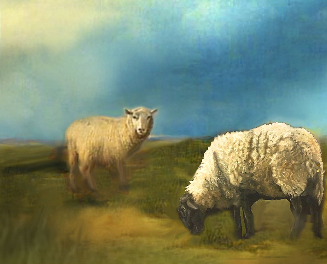 Sheep Painting. Modern Farm Painting. Blue Sky Hill Side and Two Sheep