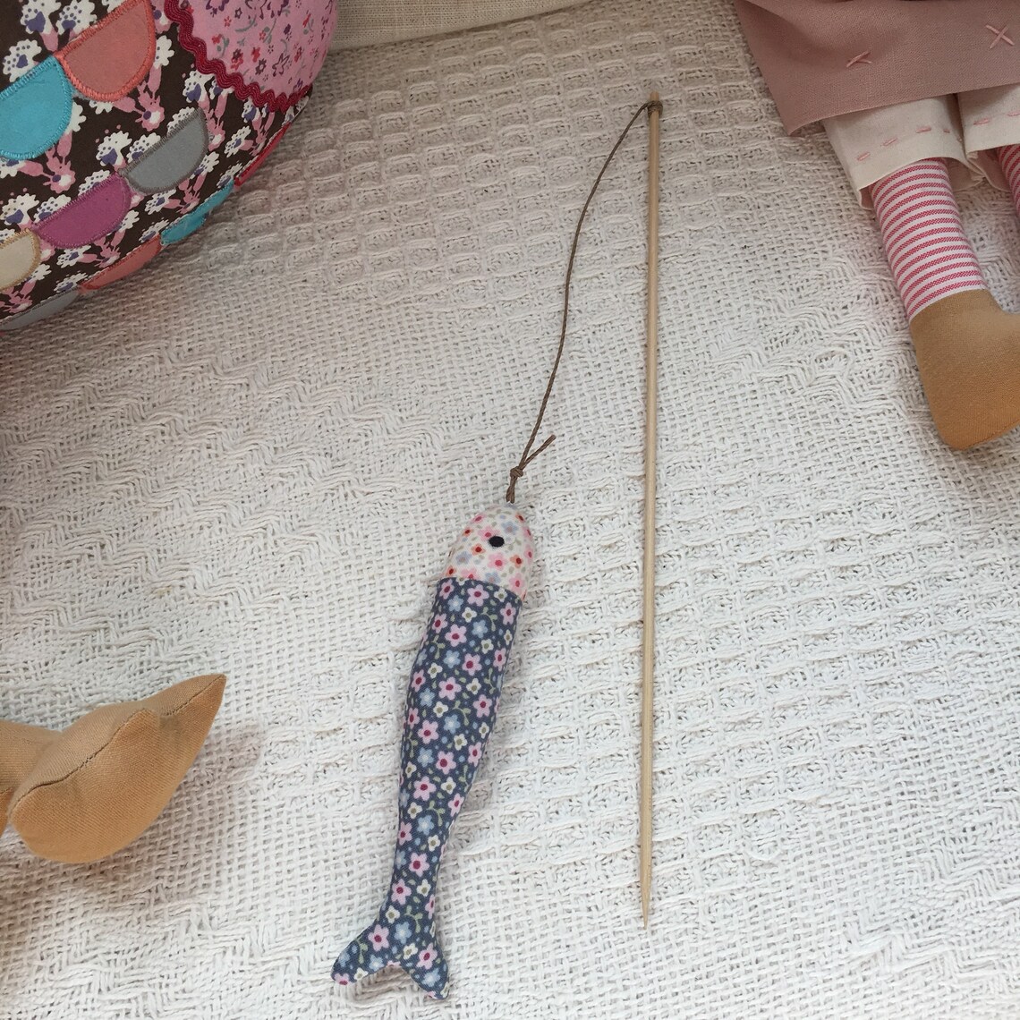 Tilda Little Fish on fishing rod in Ditsy Blue Floral