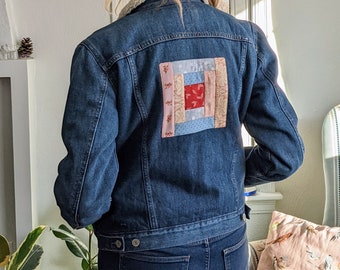 Quilted Denim Jacket - 70s-style Jean Jacket with Upcycled Quilt Block Detail and Sherpa Lining