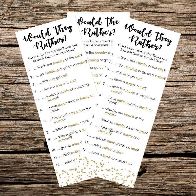 Instant Download Printable Bridal Shower Game Would They Rather Gold and White image 1