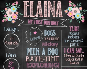 Floral Girl Birthday Chalkboard, Birthday Sign, Birthday Chalkboard