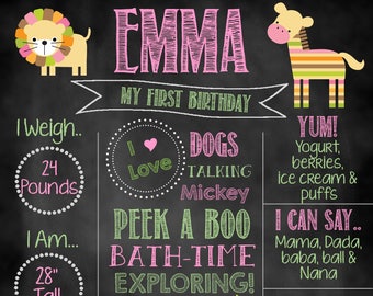 Girl Jungle Birthday, Zoo Birthday, Birthday Chalkboard, Birthday Milestones Chalkboard
