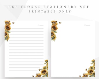 Bienen-Briefpapier-Set| Druckbares Blumen-Briefpapier-Set| Sonnenblumen-Briefpapier| Digitales Briefpapier| Brieffreundschaftspapier| Florales bedruckbares Papier