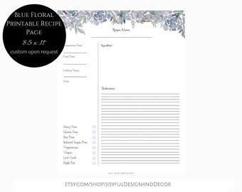 recipe template floral printable recipe template blank etsy
