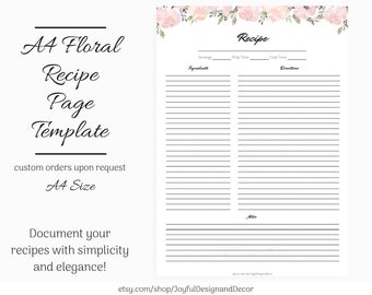 recipe page template etsy