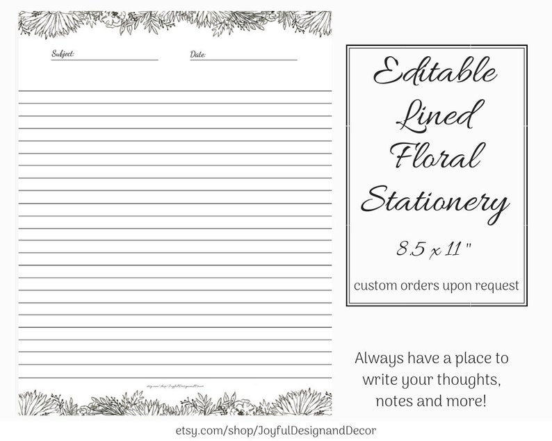 Lined Stationery Printable Paper Black Stationery Editable Paper Editable Stationery 8.5x11 Black and White Paper Floral Note Pages