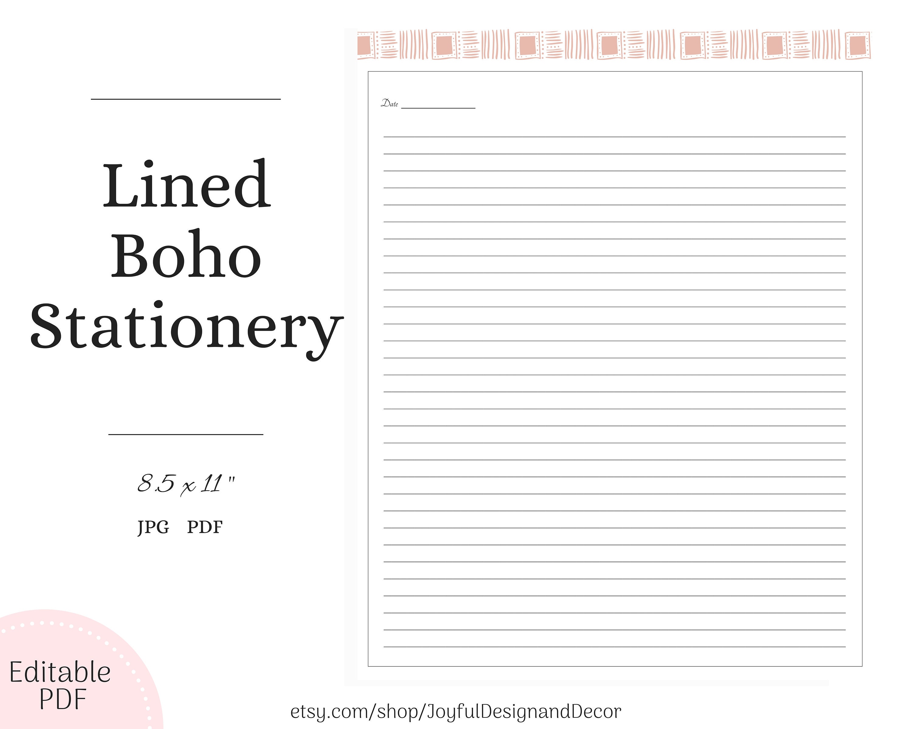 Printable Lined Stationery, Boho Stationery, Printable Boho Paper ...