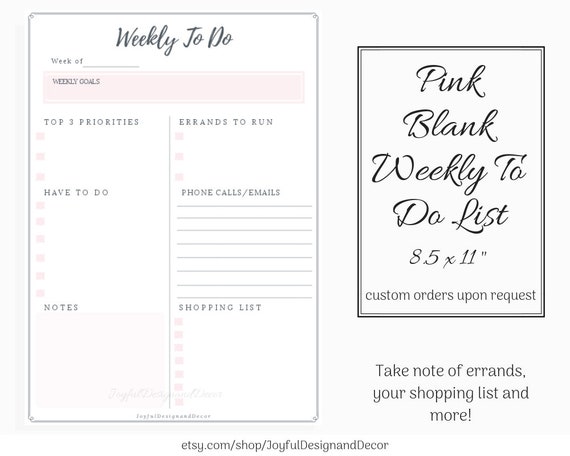 blank weekly to do list weekly goals digital planning template shopping list errands list goals list weekly to do list pink planner weekly goals template