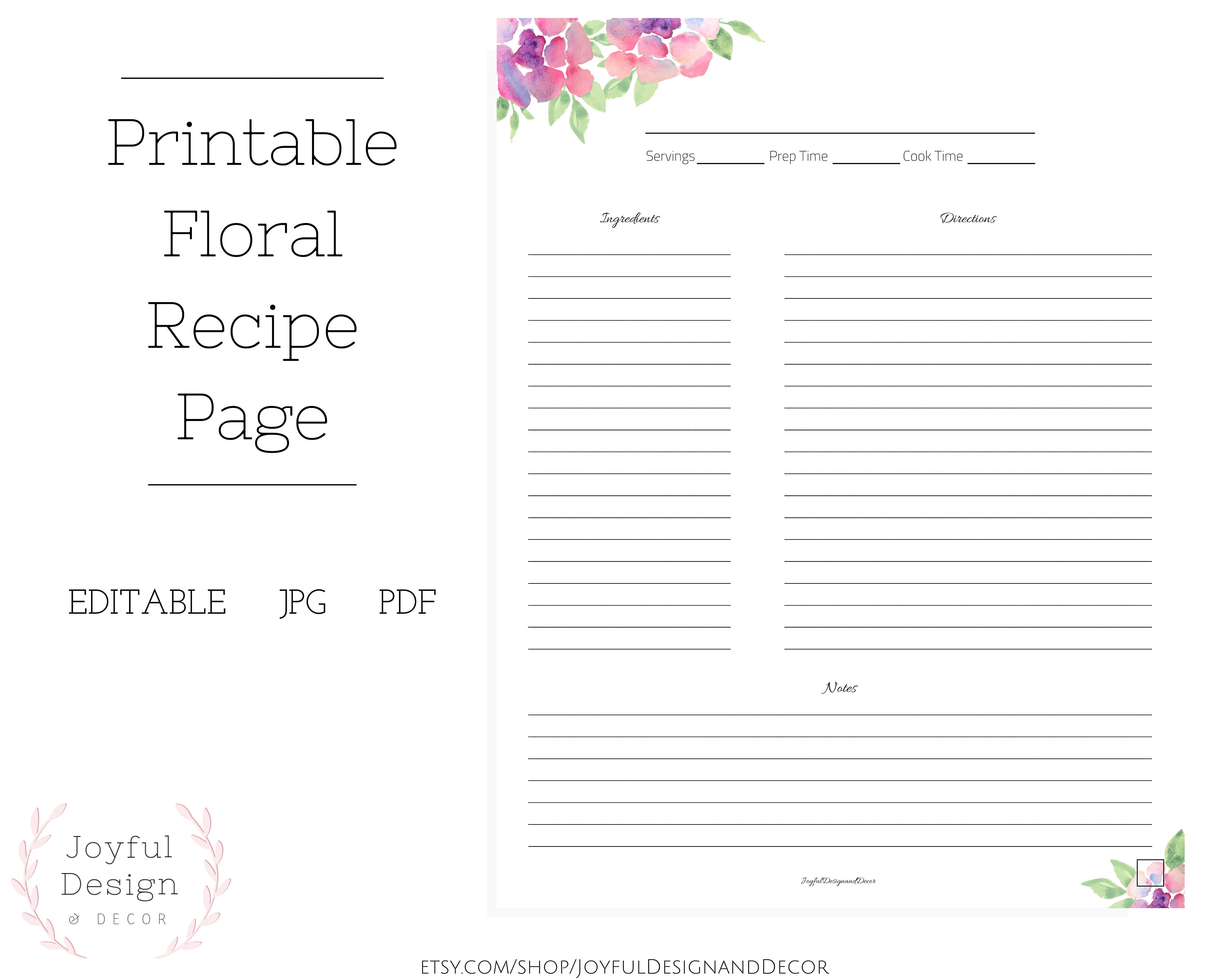 FILLABLE Recipe Page Floral Recipe Page Blank Recipe Template Recipe  Organization Recipe Storage Ideas Full Page Recipe Card Recipe Cards Within Fillable Recipe Card Template