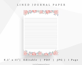 Printable Paper| Lined Stationery| 8.5 x 11 Digital Paper| Floral Letter Paper| Pink Floral Journal| Letter Paper| Floral Letter Paper