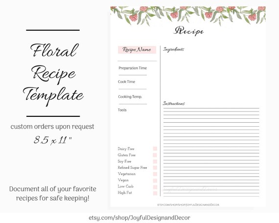 floral recipe card template blank recipe card etsy
