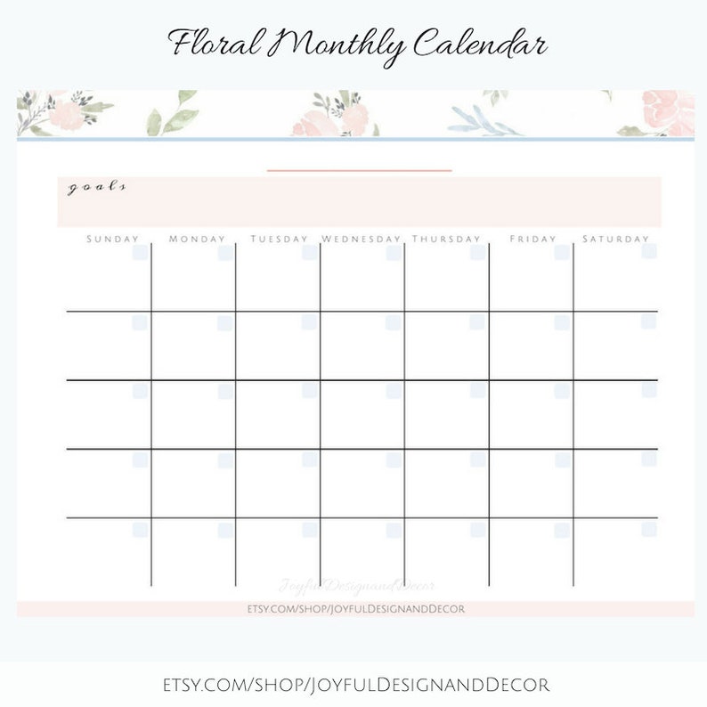 Blank Floral Calendar Pink Floral Printable Calendar Undated Etsy