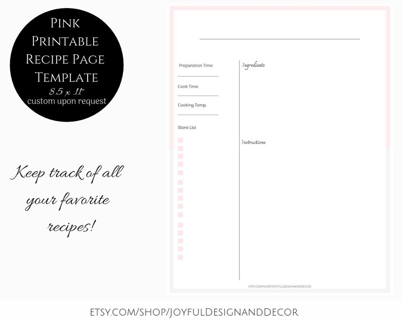 Pink Recipe Page Blank Recipe Template Editable Recipe ...