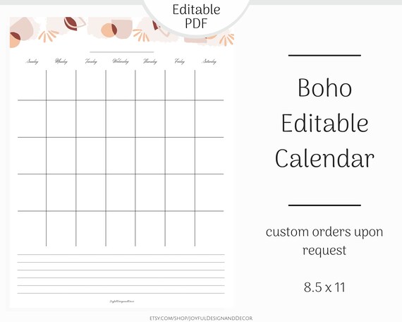boho calendar printable blank calendar blank planner boho etsy
