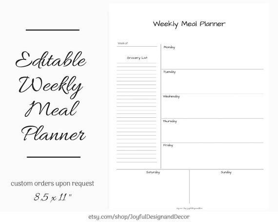 editable weekly meal planner meal planner editable meal planner blank meal planner meal tracker digital weekly planner pdf jpg shopping list editable meal planner