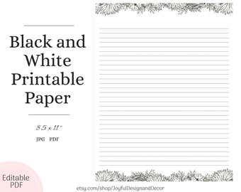 Black and White Floral Lined Paper Printable Stationery - Etsy