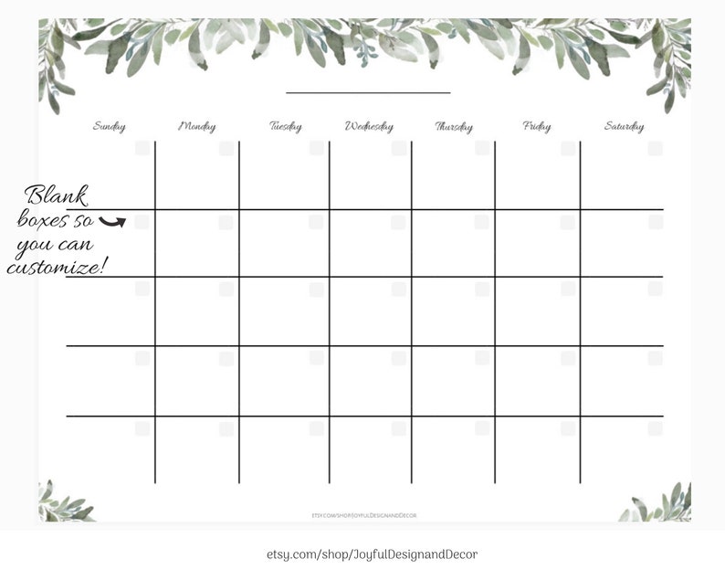 Botanical Printable Calendar Greenery Desk Calendar Blank Printable