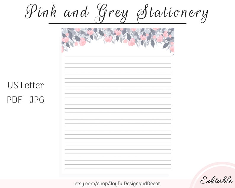 Pink Floral Stationery Gray Stationery Letter Paper Etsy