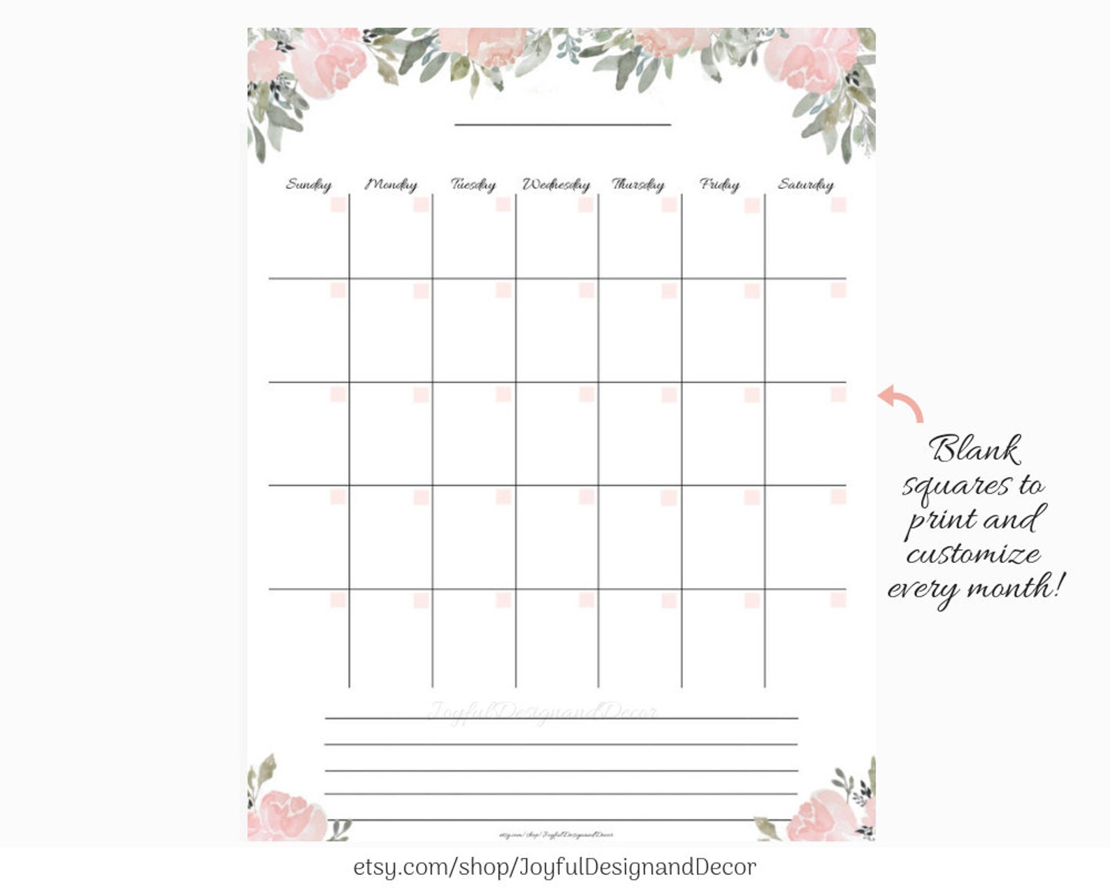 Blank Monthly Calendar With Flowers, Printable Floral Planners, Undated ...
