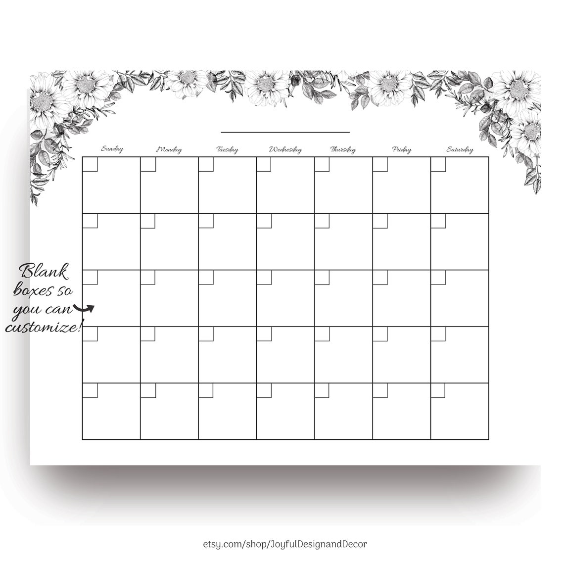Botanical Printable Calendar Black and White Desk Calendar Blank ...