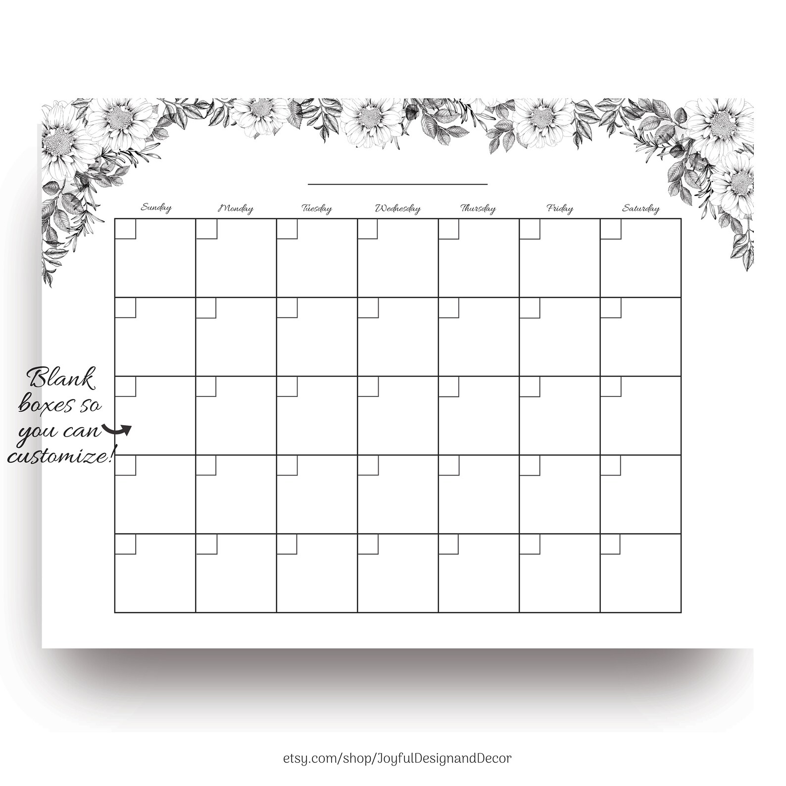Botanical Printable Calendar Black and White Desk Calendar Blank ...
