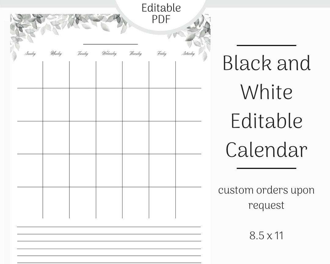 Black and White Calendar Printable Blank Calendar Blank - Etsy