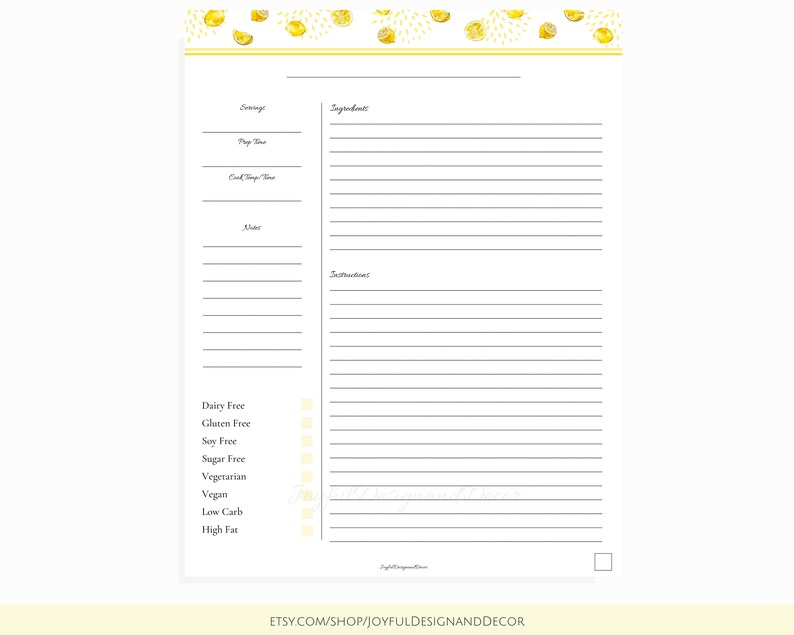 Editable Recipe Template Lemon Fillable Recipe Template Yellow Recipe