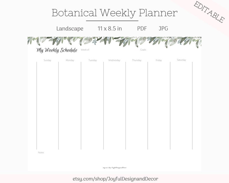 Botanical Planner Editable Weekly Planner Greenery Printable Etsy